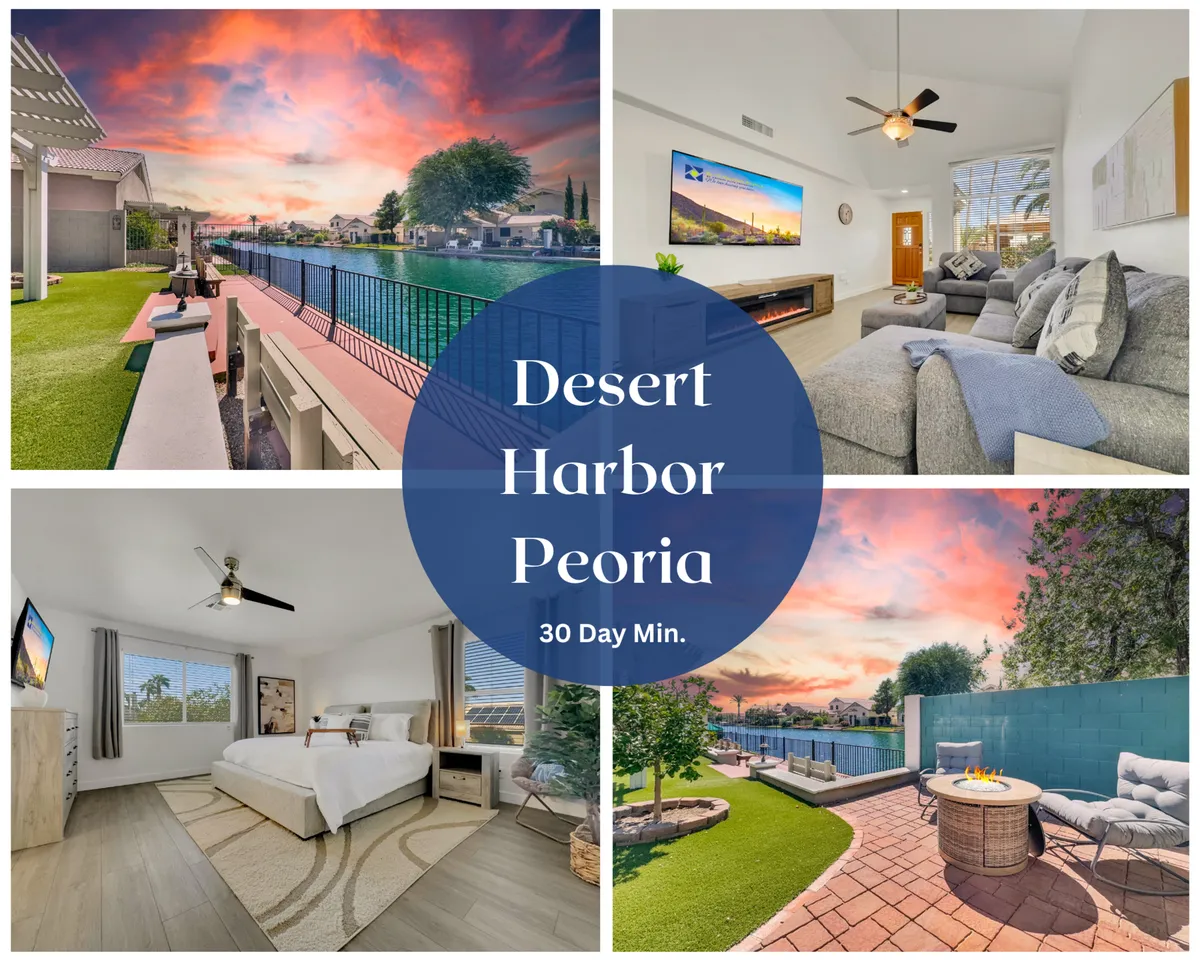 The image features a tranquil backyard overlooking a serene waterfront, with comfortable outdoor seating arranged to take in the sunset views. The warm glow of Arizona sunlight reflects off the water, while a cozy fire pit invites evening gatherings. Large windows reveal an inviting living room and a glimpse into a well-appointed bedroom, blending indoor comfort with the beauty of the outdoors.
